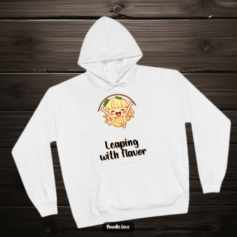 Funny noodle hoodie showing a jubilant character jumping through a hoop of chopsticks, symbolizing energy and playful achievement.