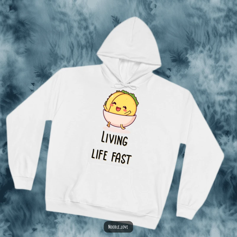 Funny Hoodie: a cheerful taco with legs comically sliding into a bowl, designed for warmth and taco-themed humor.