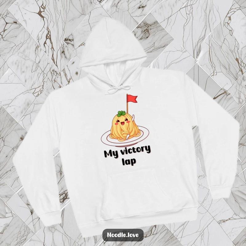 Funny Noodle Hoodie: A joyous noodle on a plate, triumphantly waving a tiny flag, ready for festive occasions.