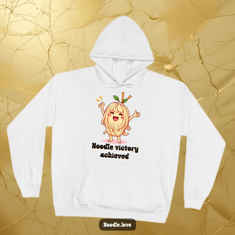 Funny Kawaii noodle character performing a jubilant victory dance, printed on a comfortable, warm hoodie.