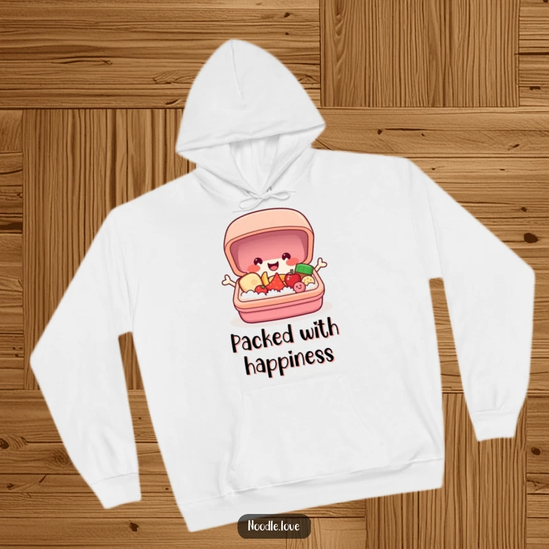 Funny bento box hoodie with a cheerful character popping open to reveal smiling tiny food, perfect for cozy and humorous wear.