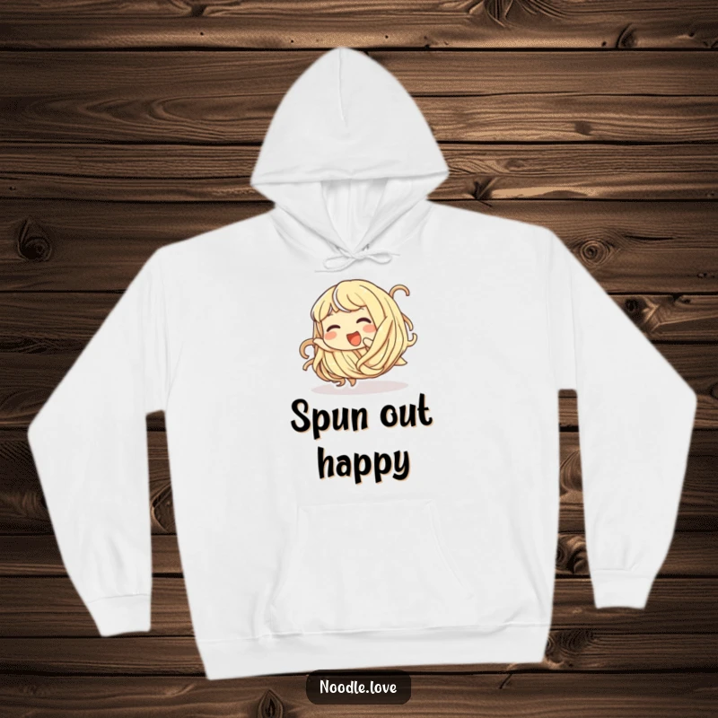 Funny hoodie depicting a giggling noodle character playfully tumbling, perfect for staying warm and cozy.