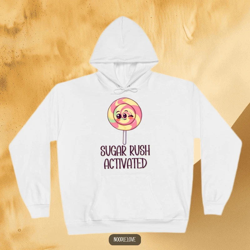Funny Kawaii lollipop character spinning with joy, featured on a warm and humorous hoodie, perfect for staying snug.