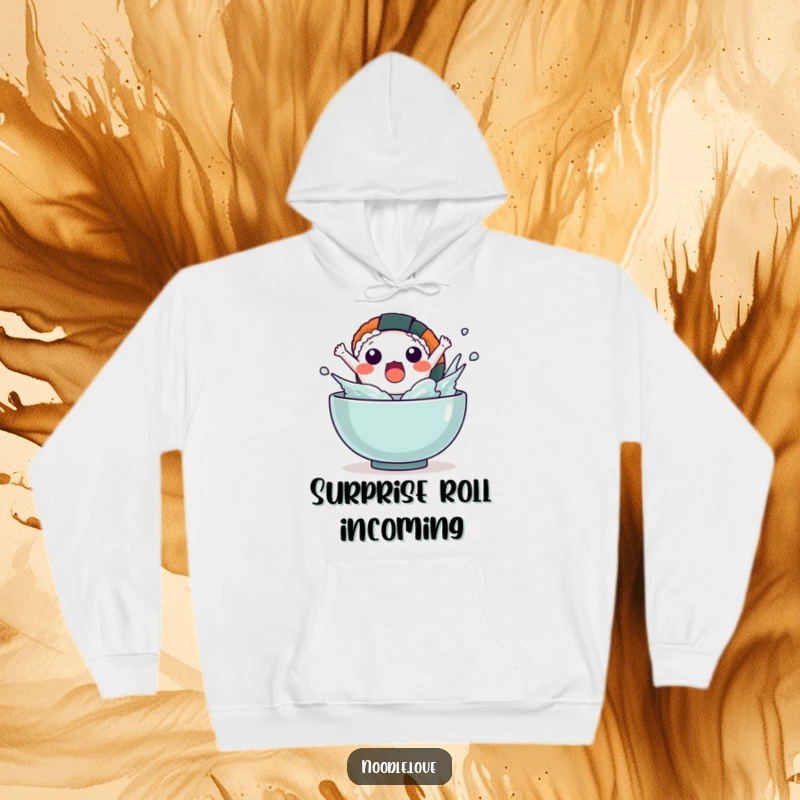 Funny Kawaii sushi character making a surprising splashy exit from a bowl, printed on a comfortable hoodie.