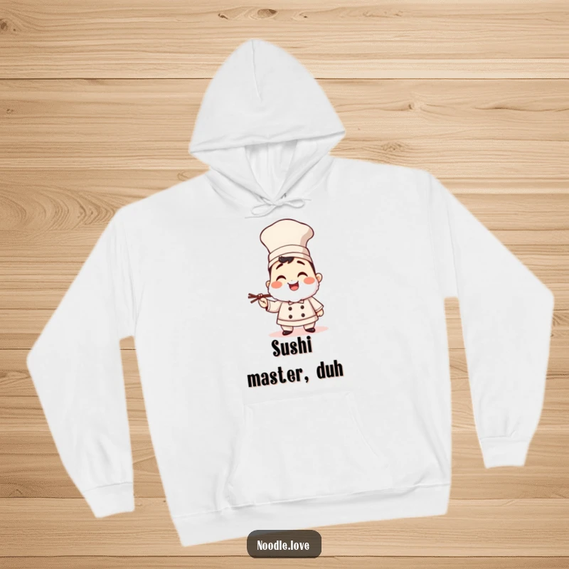 Funny giggling sushi chef hoodie, complete with a tall hat and chopsticks, offering warmth and a dose of culinary comedy.
