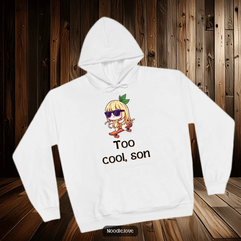 Funny hoodie featuring a playful noodle character sporting sunglasses and cruising on a tiny skateboard, embodying effortless cool and comfort.