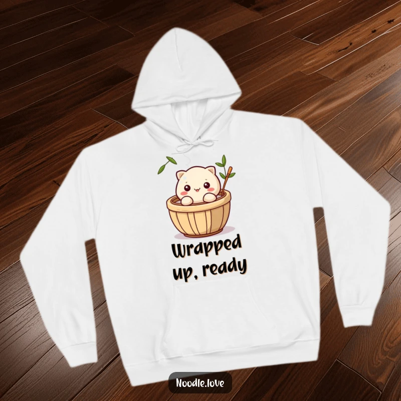 Funny hoodie with a playful dumpling character winking slyly from inside a steaming bamboo basket, ideal for cozy, humorous wear.