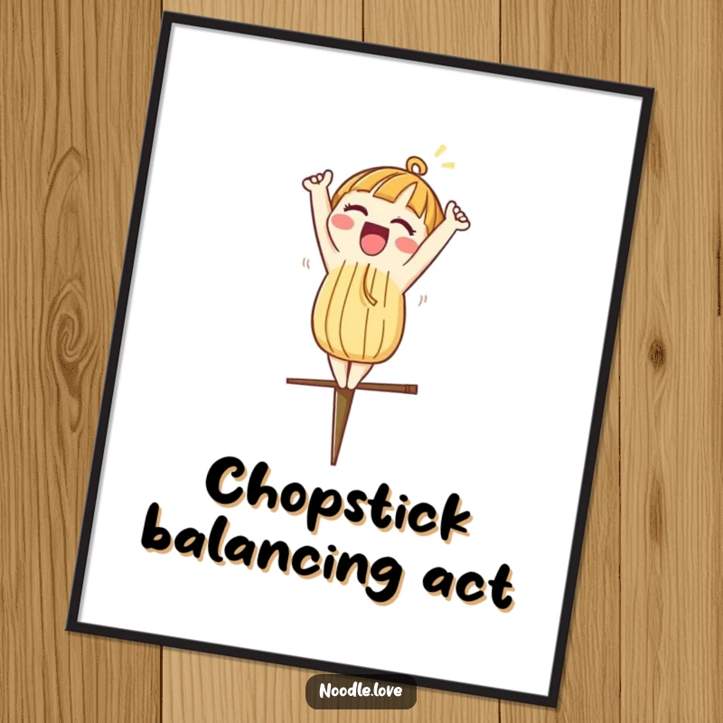 Funny Free Printable Wall Art: Noodle character excitedly doing a headstand on a chopstick, a humorous downloadable piece.