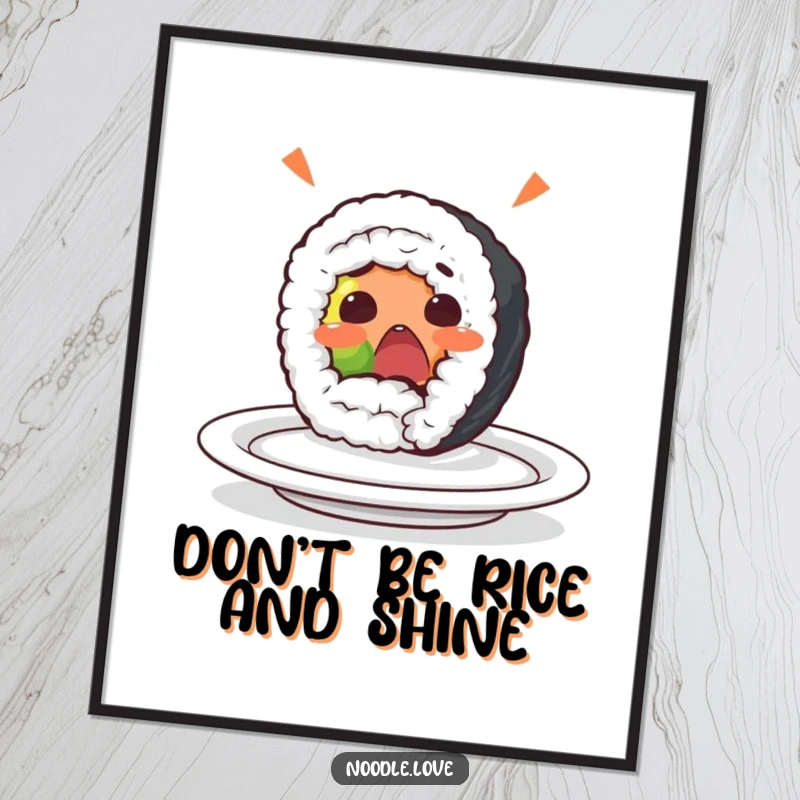 Funny Free Printable Wall Art: A surprised sushi roll character yelps while accidentally rolling off a plate.