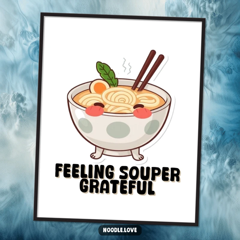 Funny Free Printable Ramen Wall Art: A blushing ramen bowl with swirling noodle legs looks adorably shy.