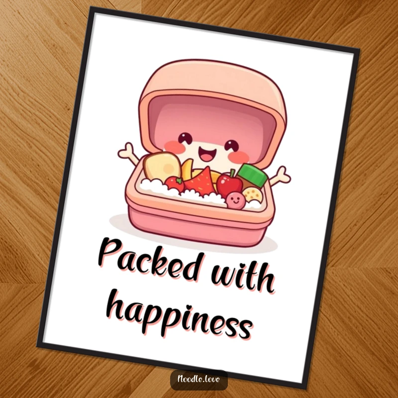 Funny Free Printable Wall Art: A cheerful bento box character opening with a pop, showcasing a collection of tiny smiling foods. Downloadable art.