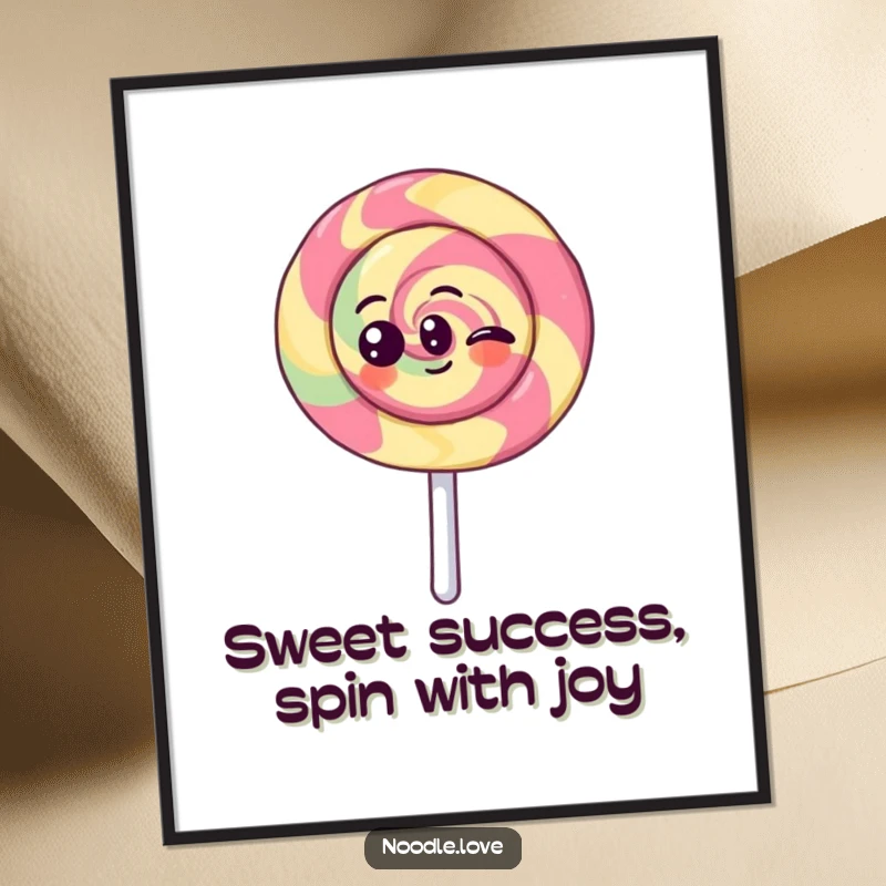 Funny Free Printable Wall Art: A joyful Kawaii lollipop character spinning energetically, bringing a burst of color and happiness.