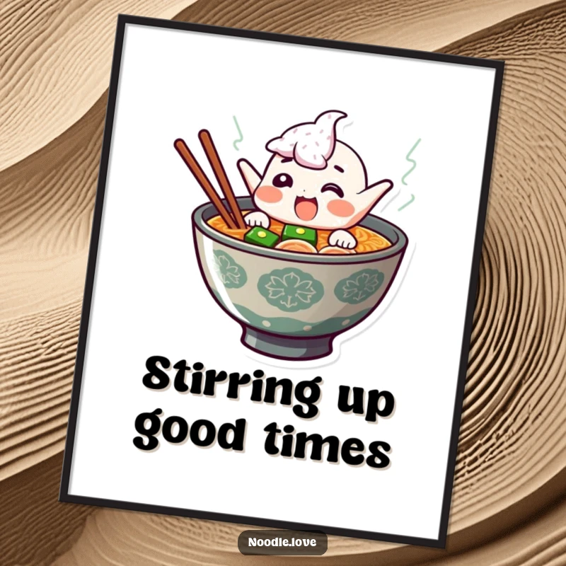 Funny Free Printable Wall Art: A joyful, giggling ramen bowl character leaping from steaming broth, bringing vibrant and humorous decor. Downloadable art.
