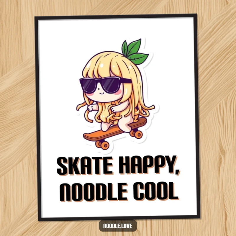 Funny Free Printable Wall Art: A cool noodle wearing sunglasses rides a tiny skateboard, bringing instant fun and personality to your walls.