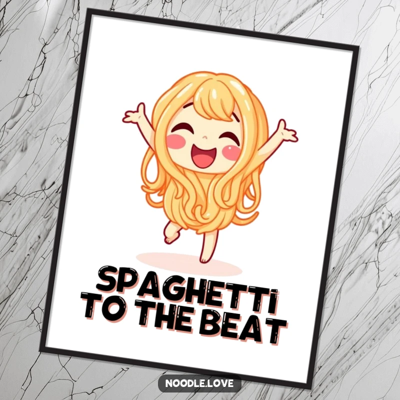Funny Free Printable Wall Art: Happy noodle character doing a lively dance, a cheerful downloadable piece to add joy.