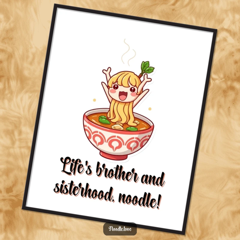 Funny Free Printable Wall Art: Noodle character leaping energetically from a steaming bowl, perfect for kitchen decor.