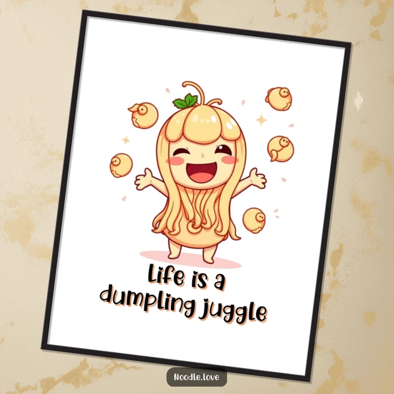 Funny Free Printable Wall Art: A giggling noodle character gleefully juggles tiny dumplings, bringing a sense of playful joy to your wall.