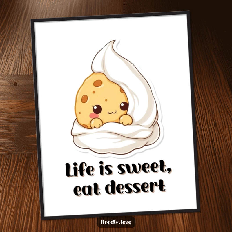 Funny Free Printable Wall Art: Mischievous Kawaii cookie hiding behind a dollop of cream, kitchen humor.