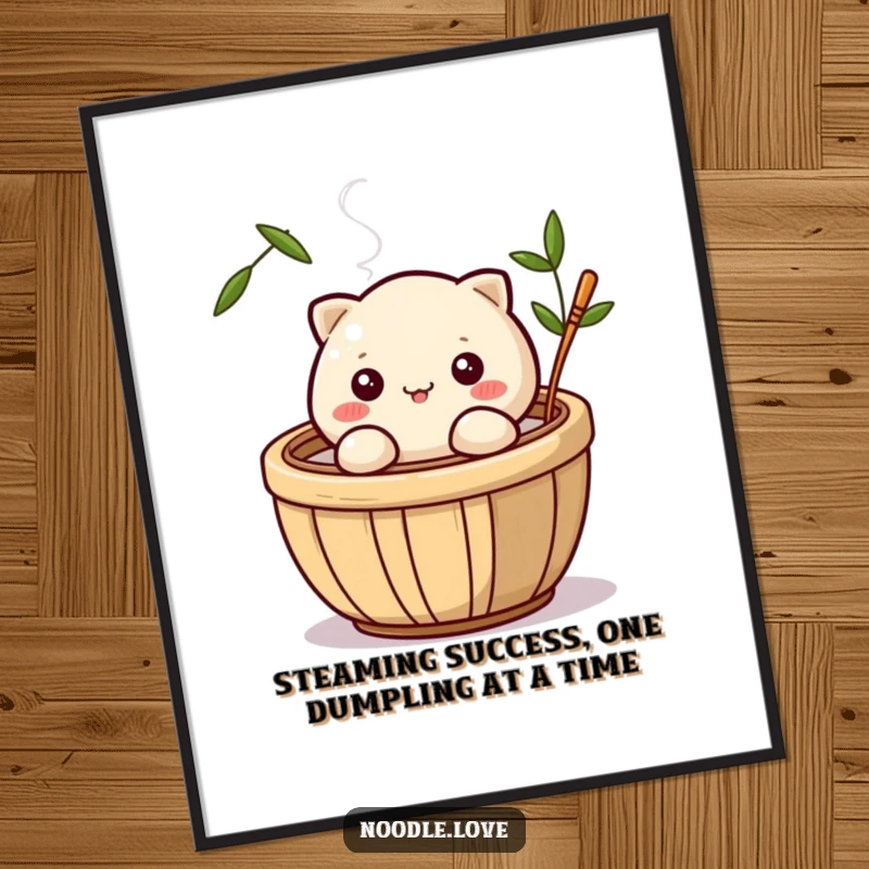 Funny free printable wall art depicting a cute dumpling winking from a steamy bamboo basket, adding a playful touch.