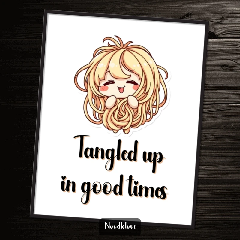 Funny Free Printable Wall Art featuring a comical noodle character playfully tangled in its own strands, looking quite amused.