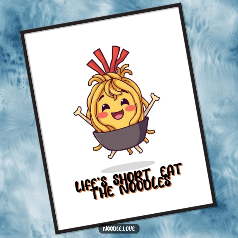 Funny Free Printable Wall Art: A characterful fried noodle character bouncing with pure delight, exuding happiness and fun.