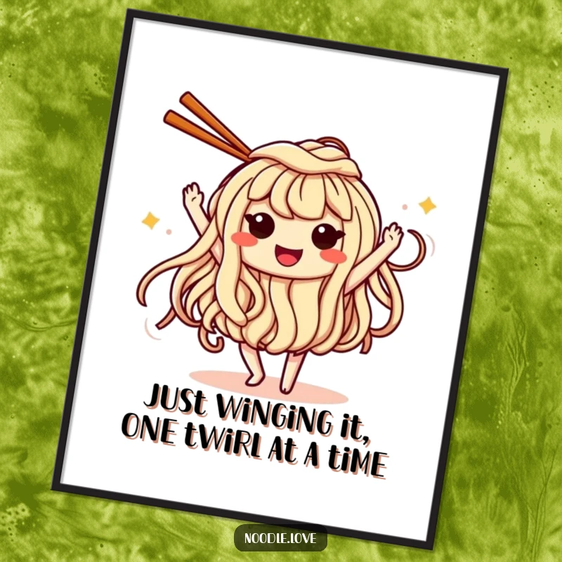 Funny Free Printable Wall Art of a smiling noodle character enthusiastically dancing with chopsticks.