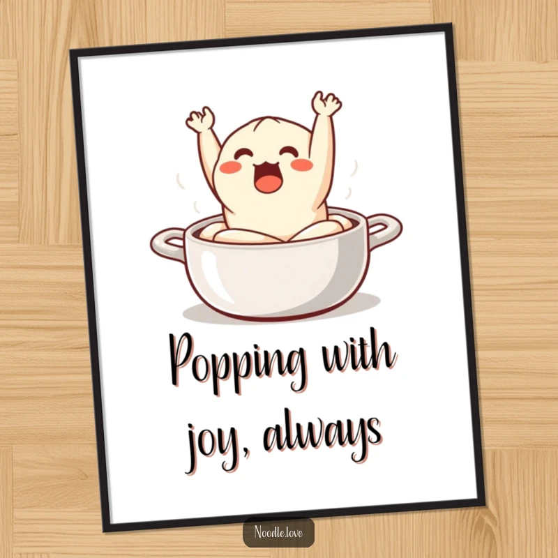 Funny Free Printable Wall Art depicting a surprised dumpling dramatically jumping out of a steaming pot.