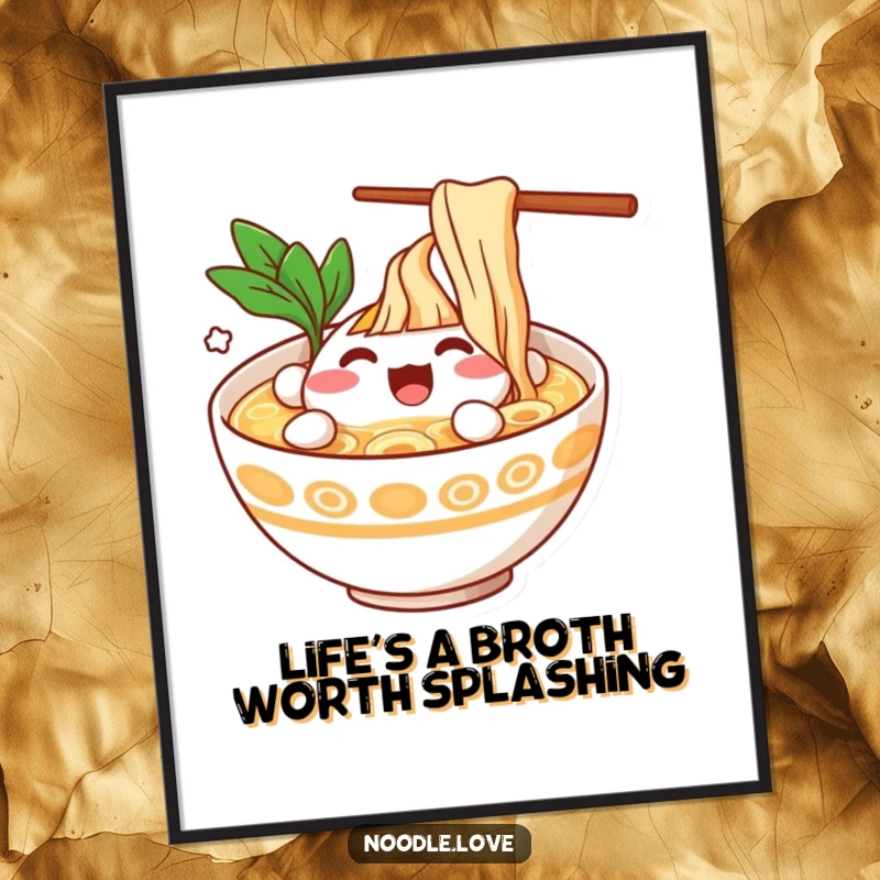 Funny Free Printable Wall Art: Ramen bowl character joyfully splashing in its broth. A cute downloadable art.