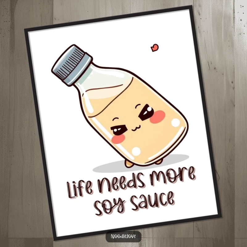 Funny Free Printable Wall Art: A smirking kawaii shoyu bottle character tips itself slightly, exuding playful charm.