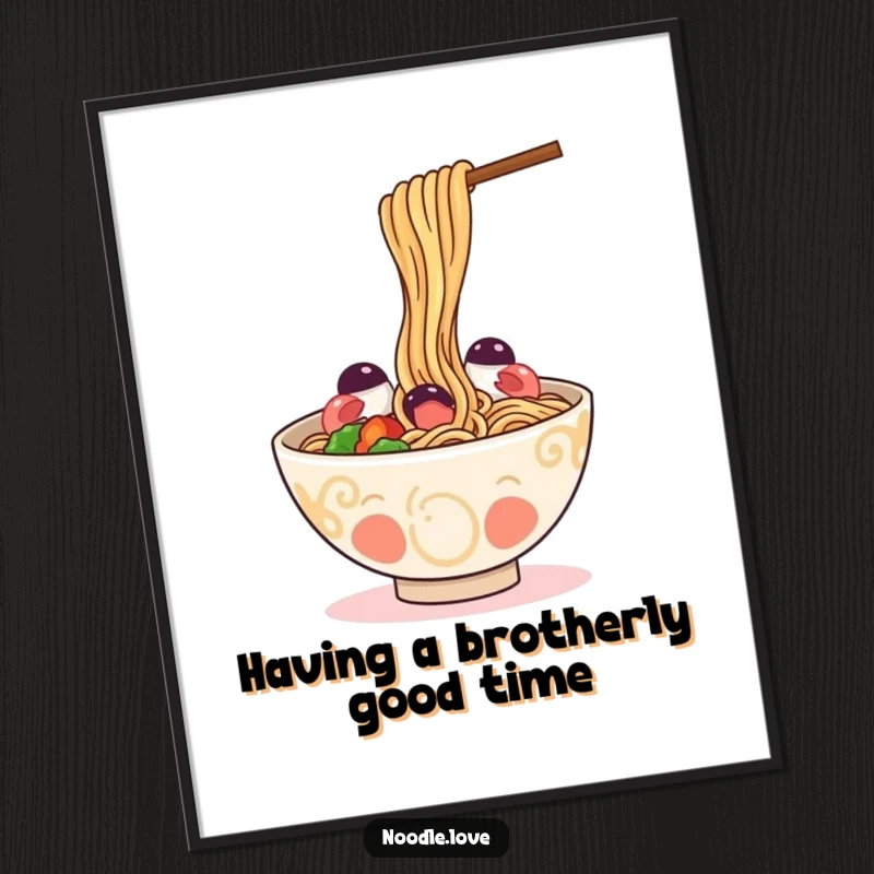 Funny Free Printable Wall Art of a happy ramen bowl playfully slurping its own delicious noodles.