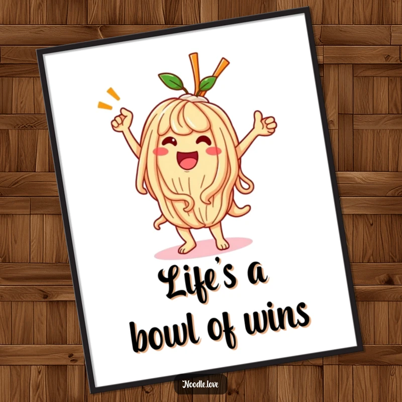Funny Free Printable Wall Art: A cheerful Kawaii noodle character performing an exuberant victory dance, exuding pure happiness.