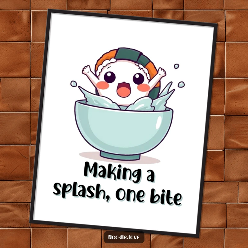 Funny Free Printable Wall Art: A Kawaii sushi character mid-leap from a bowl, creating a dramatic splash, with a look of surprise.