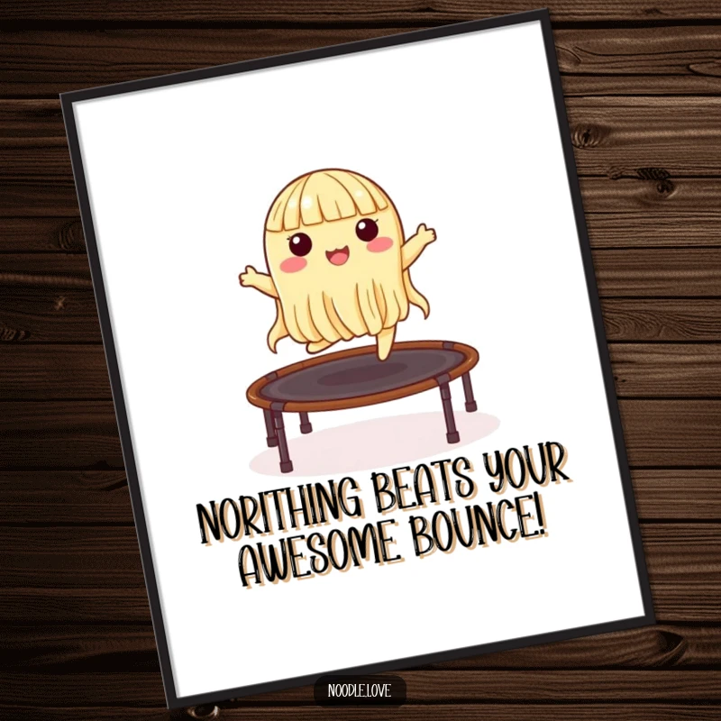 Funny free printable wall art of a smiling noodle character energetically bouncing high on a trampoline constructed from nori.