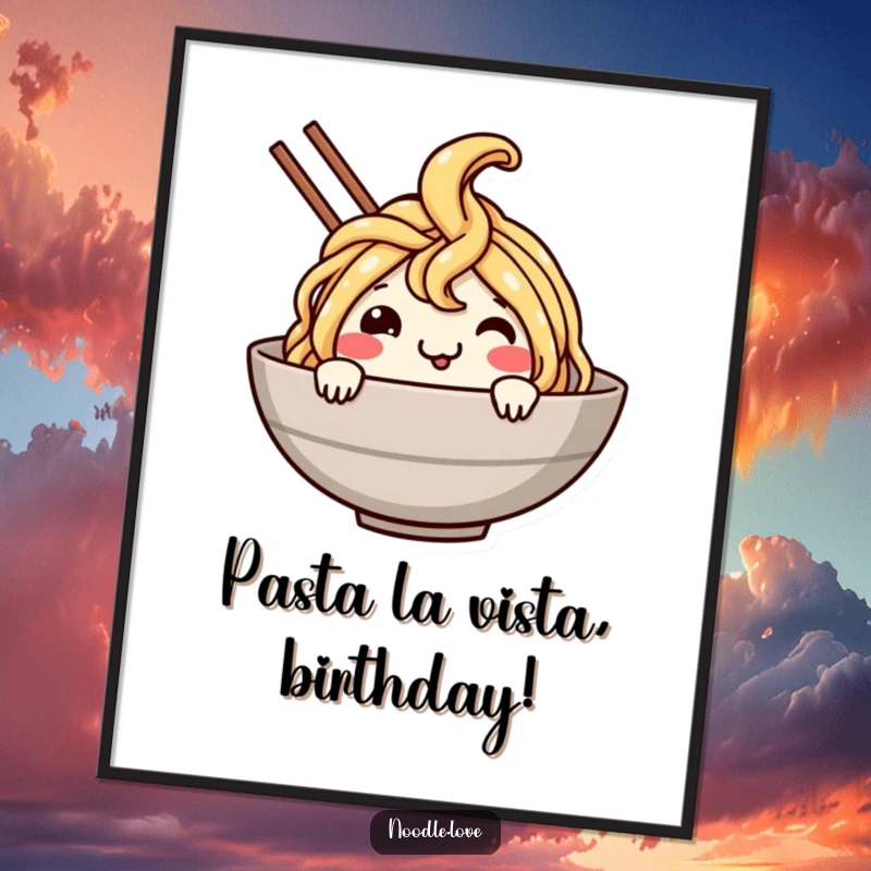 Funny Free Printable Noodle Wall Art: A smiling noodle character joyfully dives into a bowl, creating a playful visual.