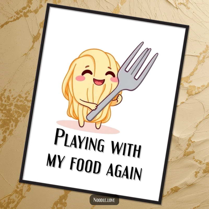Funny Free Printable Wall Art: Noodle character grins mischievously while playfully teasing a giant fork, full of cheeky charm, a unique download.