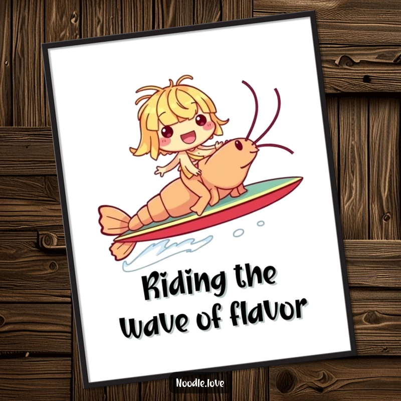 Funny Free Printable Wall Art: A giggling noodle character rides a giant shrimp like a surfboard, perfect for quirky, fun DIY decor.
