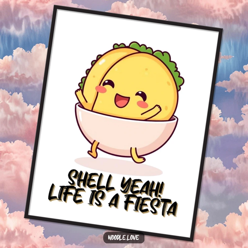 Funny Free Printable Wall Art depicting a cheerful taco with legs sliding excitedly into a food bowl.