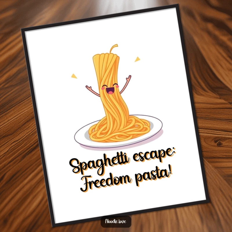 Funny Free Printable Wall Art: A spaghetti strand joyfully leaping high off its plate, for humorous food-themed decor.