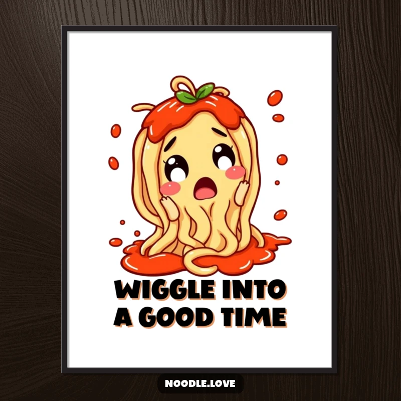 Funny Free Printable Wall Art: A surprised noodle character, sauce splattering wildly as it wiggles with pure delight.