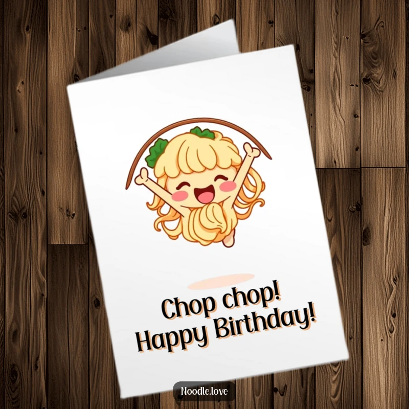 Funny Free Printable Birthday Card: A jubilant noodle character energetically jumps through a hoop of chopsticks.