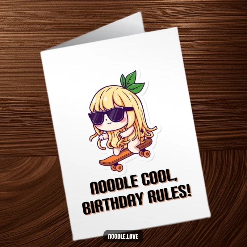 Funny Free Printable Birthday Card: Playful noodle wearing sunglasses, riding a tiny skateboard with extreme coolness, ready for a birthday bash.