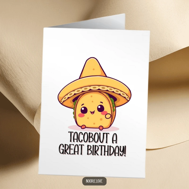 Funny Free Printable Birthday Card: A curious Kawaii taco character peeking out from beneath a large, festive sombrero, looking intrigued.
