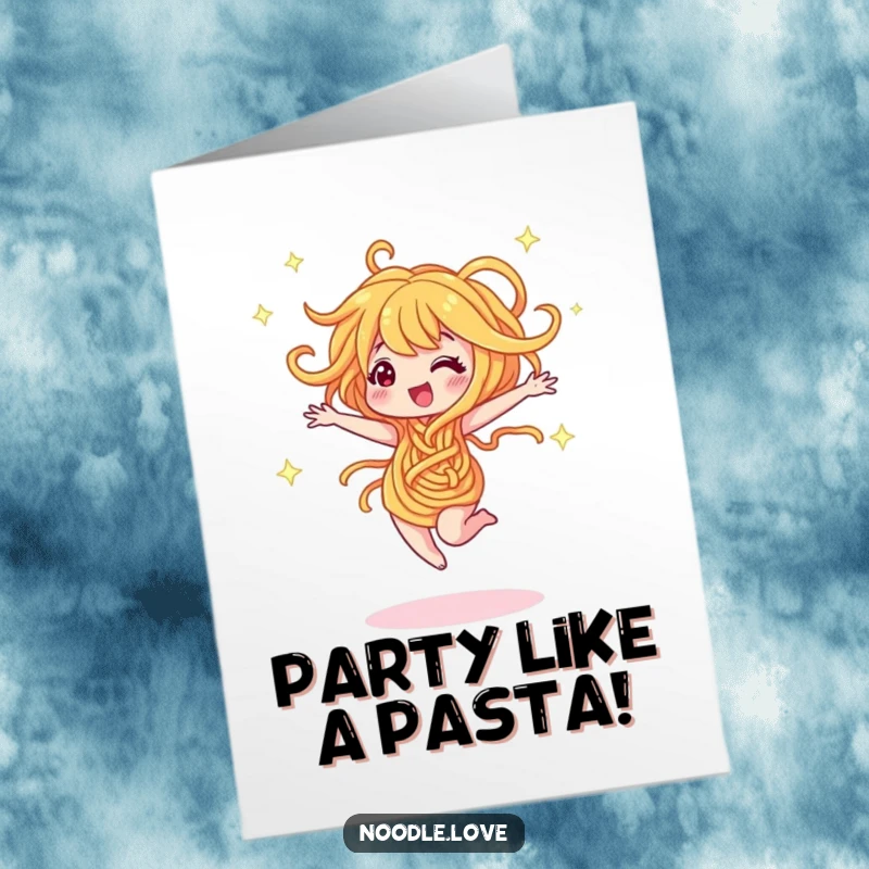 Funny Free Printable Birthday Card: A dancing noodle character twirling with abandon, emitting sparkles for a celebratory greeting.