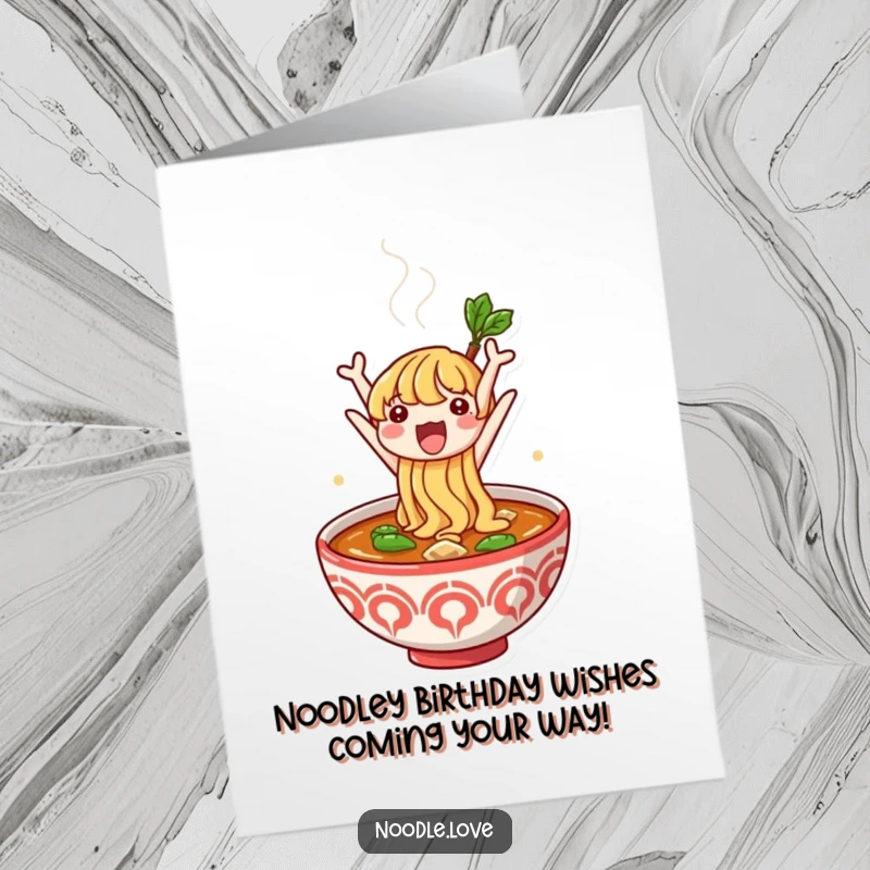 Funny Free Printable Birthday Card: Noodle character excitedly jumping from a steaming ramen bowl, celebrating with pure joy.