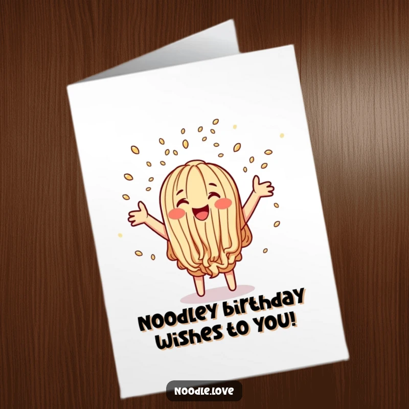Funny free printable birthday card featuring a happy noodle character joyfully throwing sesame seed confetti, celebrating with laughter.