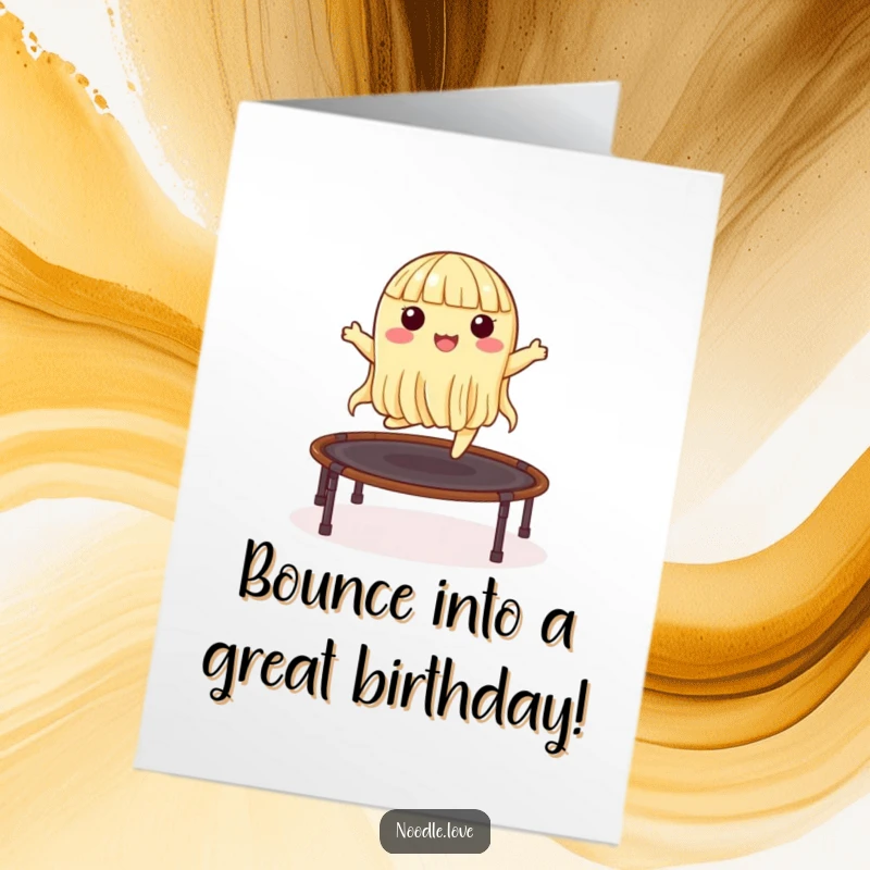 Funny free printable birthday card showing a delighted noodle character enthusiastically bouncing on a nori seaweed trampoline.