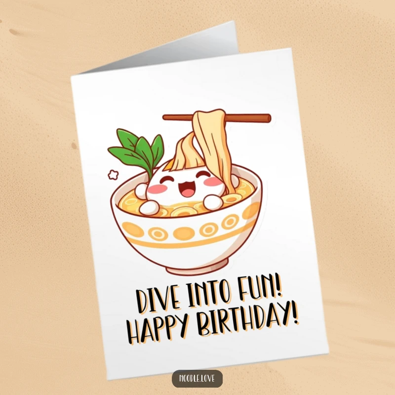 Funny Free Printable Birthday Card: Ramen bowl character joyfully splashing in broth. A cheerful DIY gift.