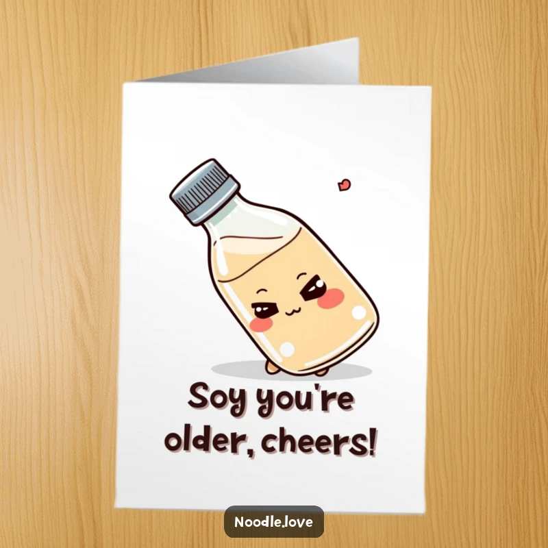 Funny Free Printable Birthday Card: A smirking kawaii shoyu bottle character tips slightly, ready to add flavor and fun.