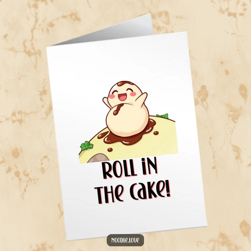 Funny Free Printable Birthday Card: A delighted dumpling character happily rolling down a soy sauce-covered hill. A hilarious downloadable greeting for any birthday.