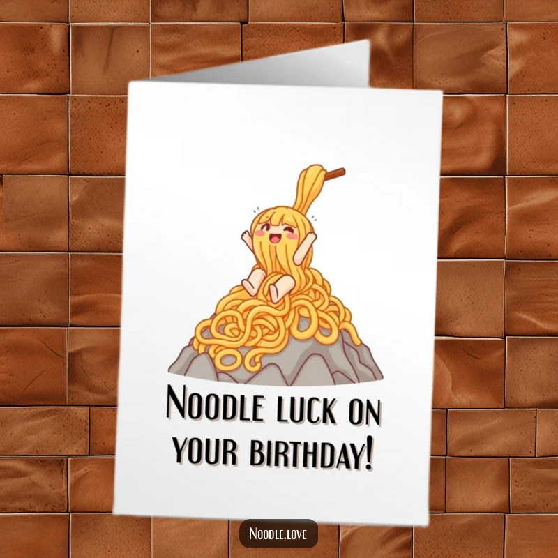 Funny free printable birthday card showing a noodle character gleefully sliding down a mountain of noodles, celebrating with joy.